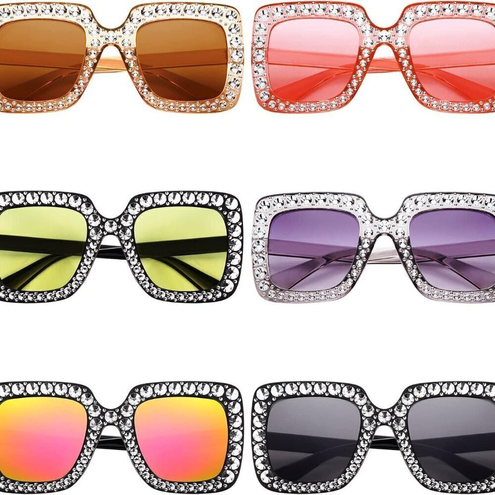 6 Pairs Oversized Square Crystal Sunglasses Rhinestone Retro Fashion Accessories